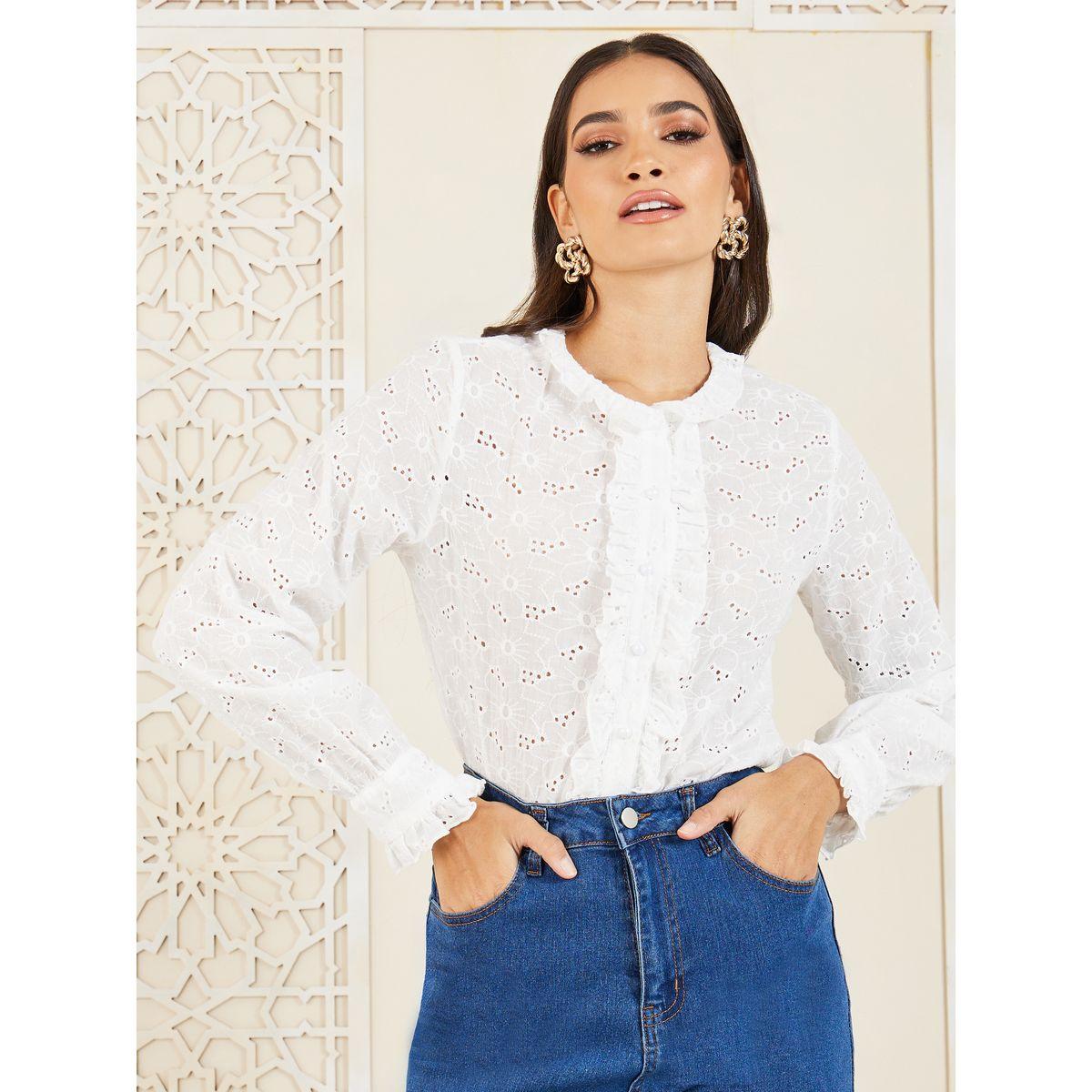 Styli Schiffli Ruffle Detail Button Up Blouse-women-clothing-shirtsandblouses-blouses-image-1