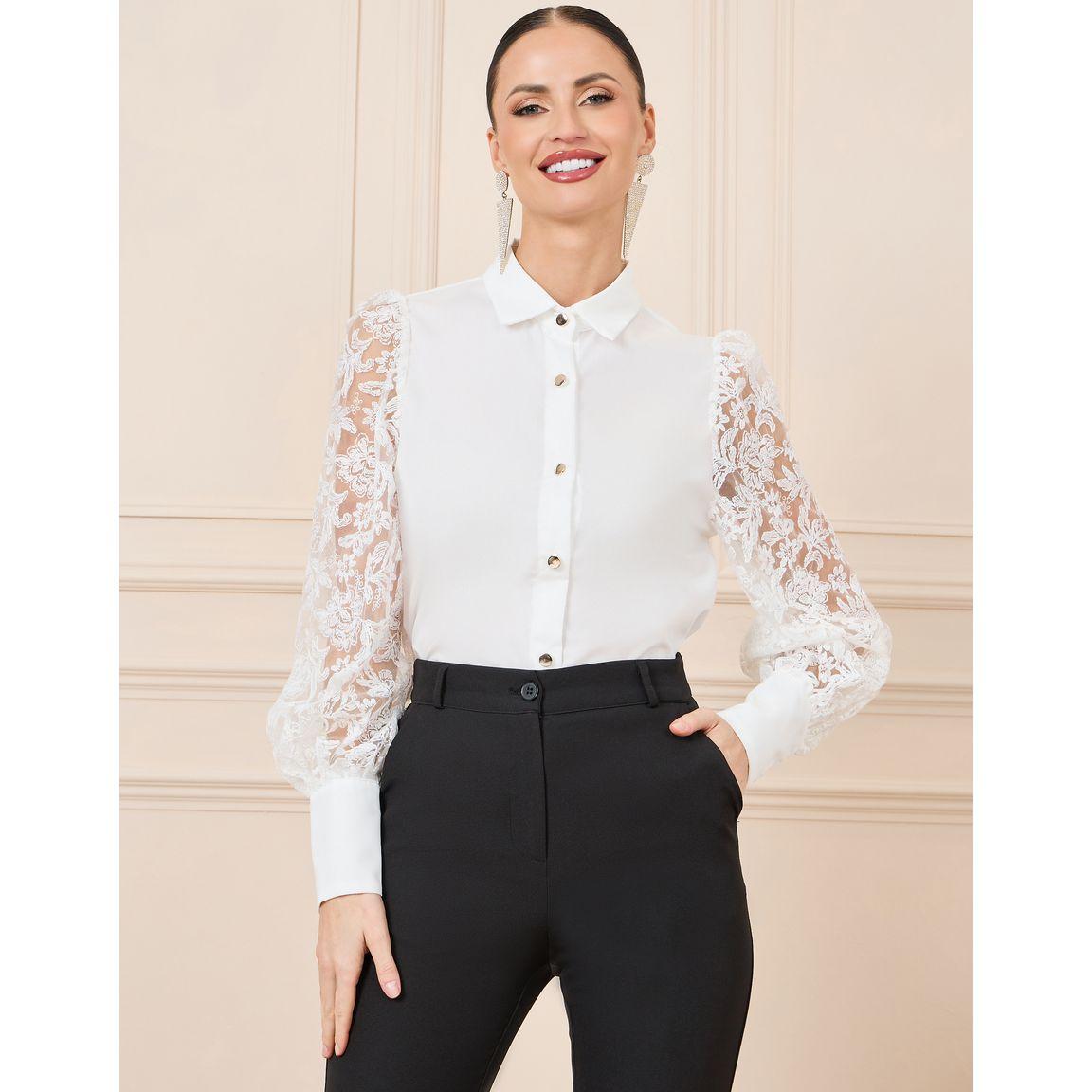 Styli Floral Lace Sleeve Button Down Shirt-women-clothing-shirtsandblouses-shirts-image-1