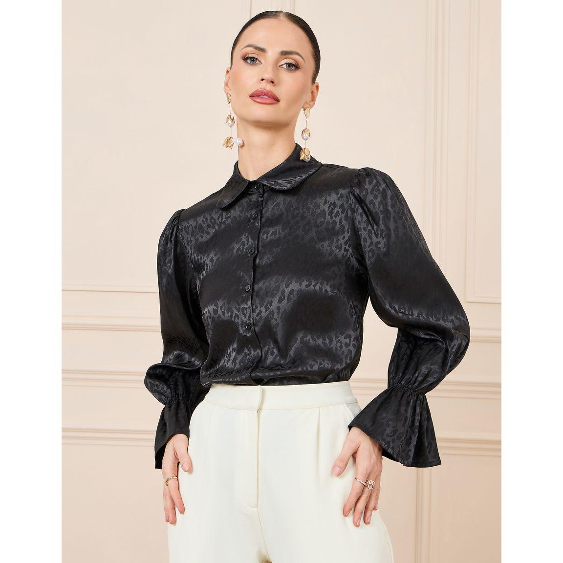 Styli Jacquard Satin Shirt with Bell Sleeve-women-clothing-shirtsandblouses-shirts-image-1