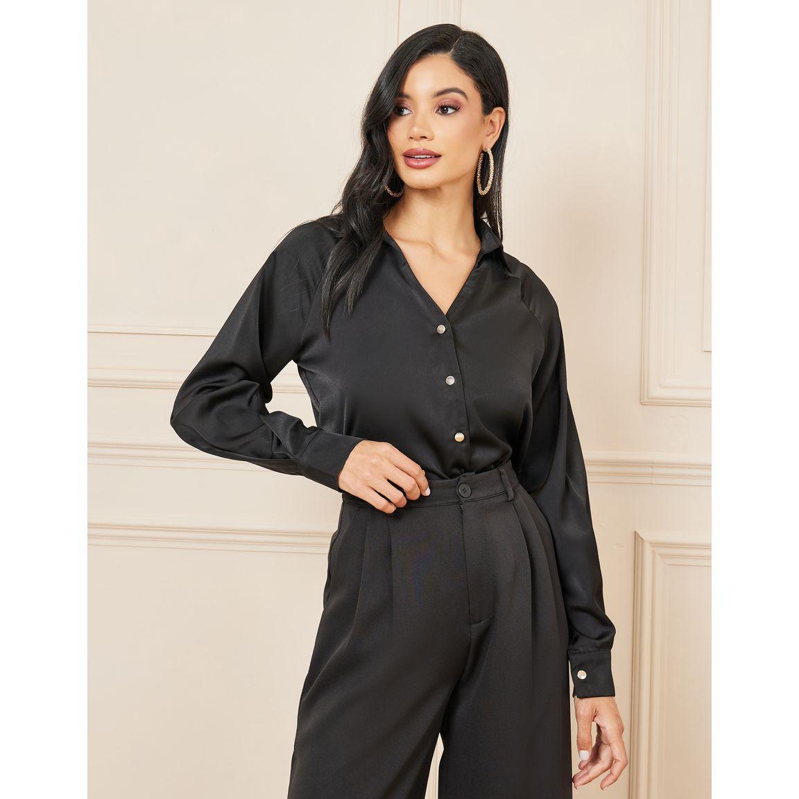 Styli Satin V Neck Collared Long Sleeve Shirt-women-clothing-shirtsandblouses-shirts-image-1