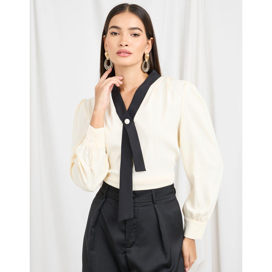 Styli Contrast V Neck Embellished Faux Pearl Blouse-women-clothing-shirtsandblouses-blouses-image-1