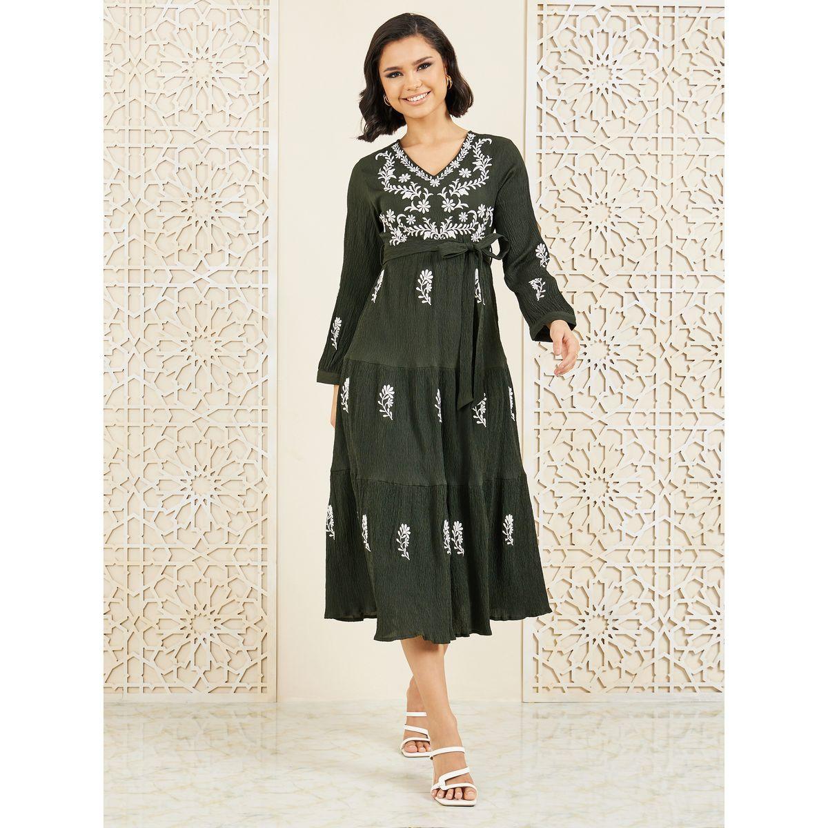 Styli Contrast Embroidered Tiered Midi Dress with Self Tie Up-women-clothing-dresses-image-1