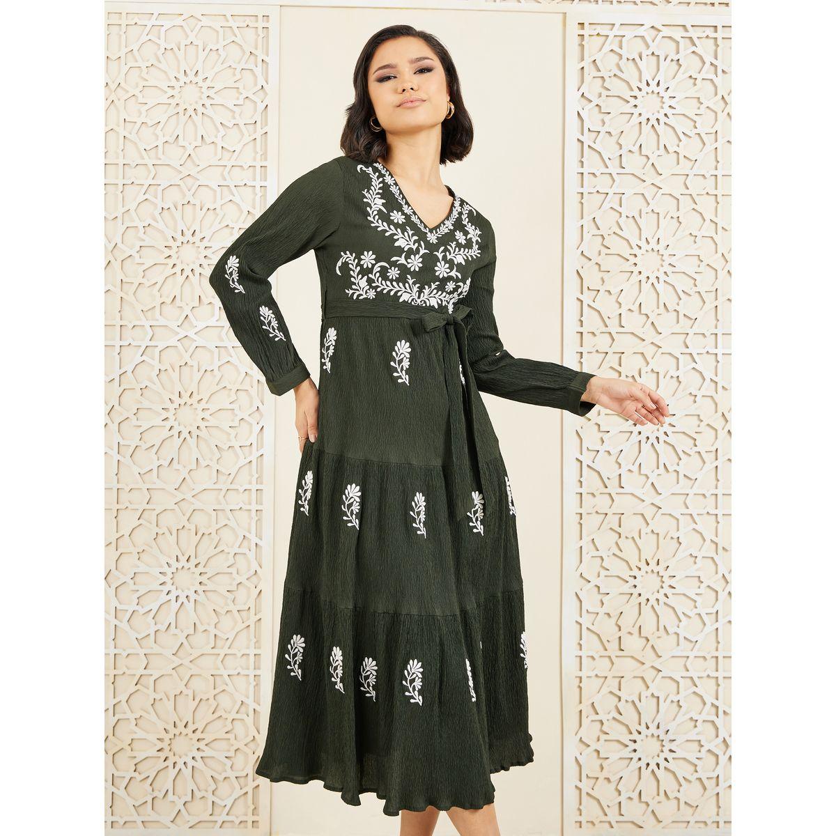 فستان ميدي بكسرات ورباط خصر-women-clothing-dresses-image-2