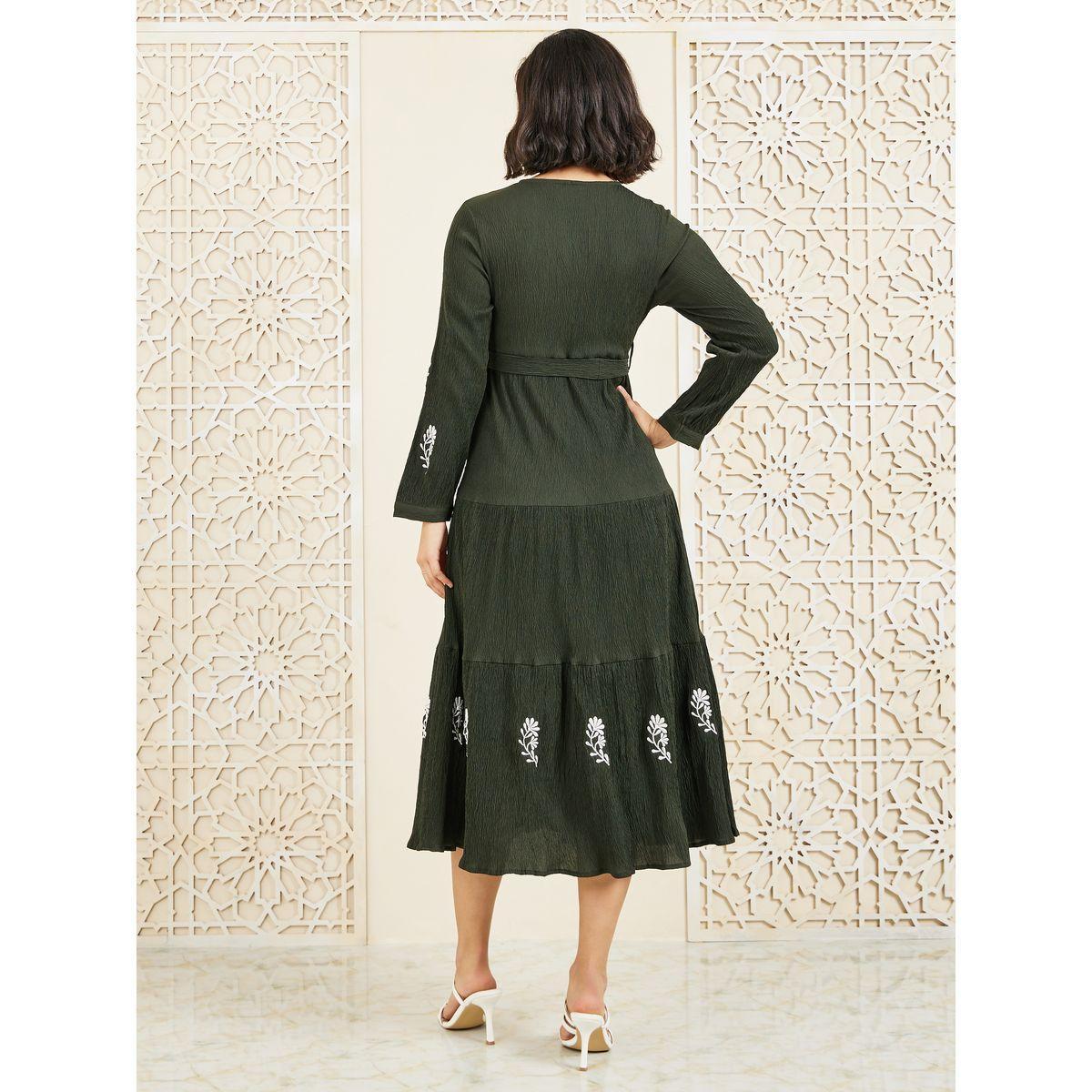 فستان ميدي بكسرات ورباط خصر-women-clothing-dresses-image-4