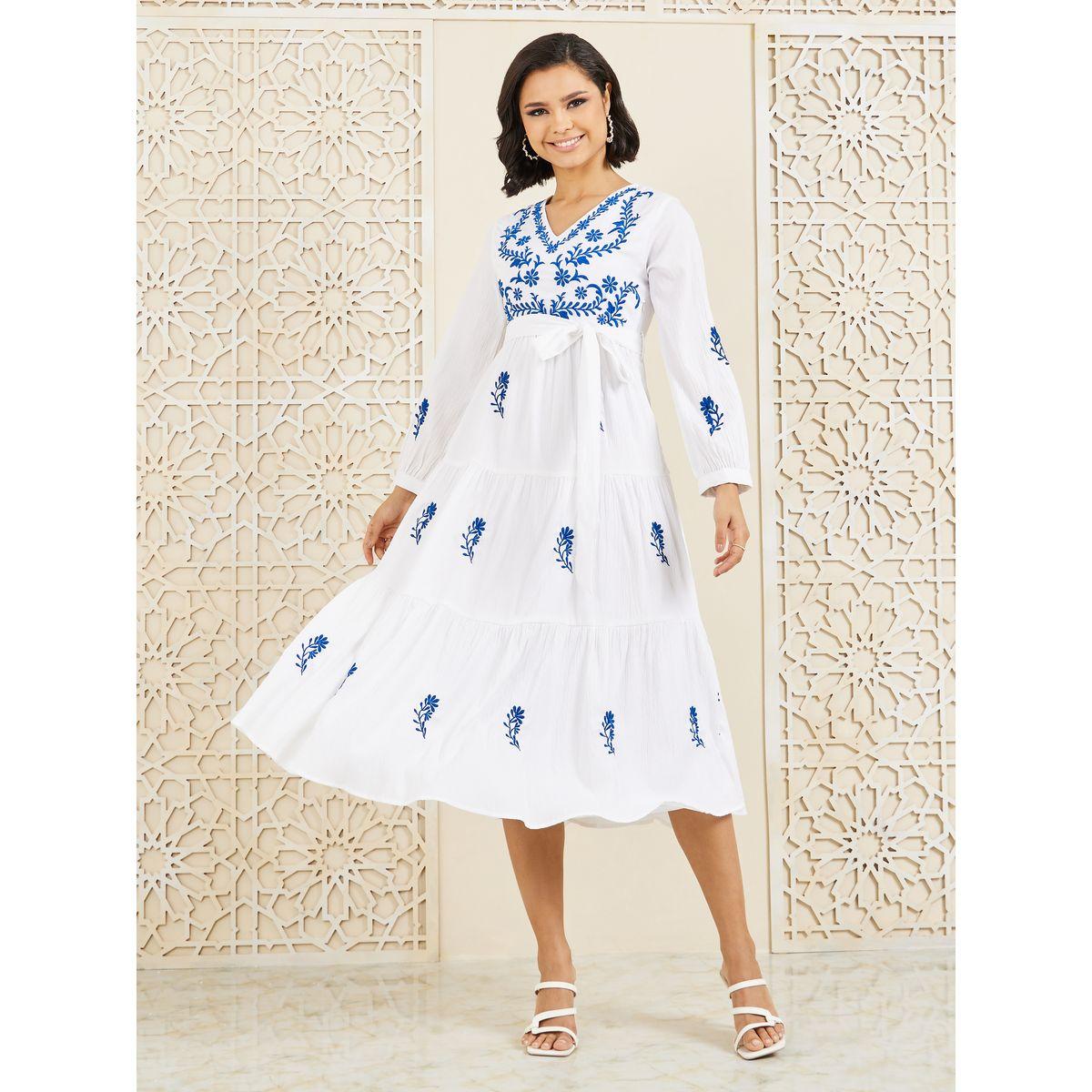 Styli Contrast Embroidered Tiered Midi Dress with Self Tie Up-women-clothing-dresses-image-1