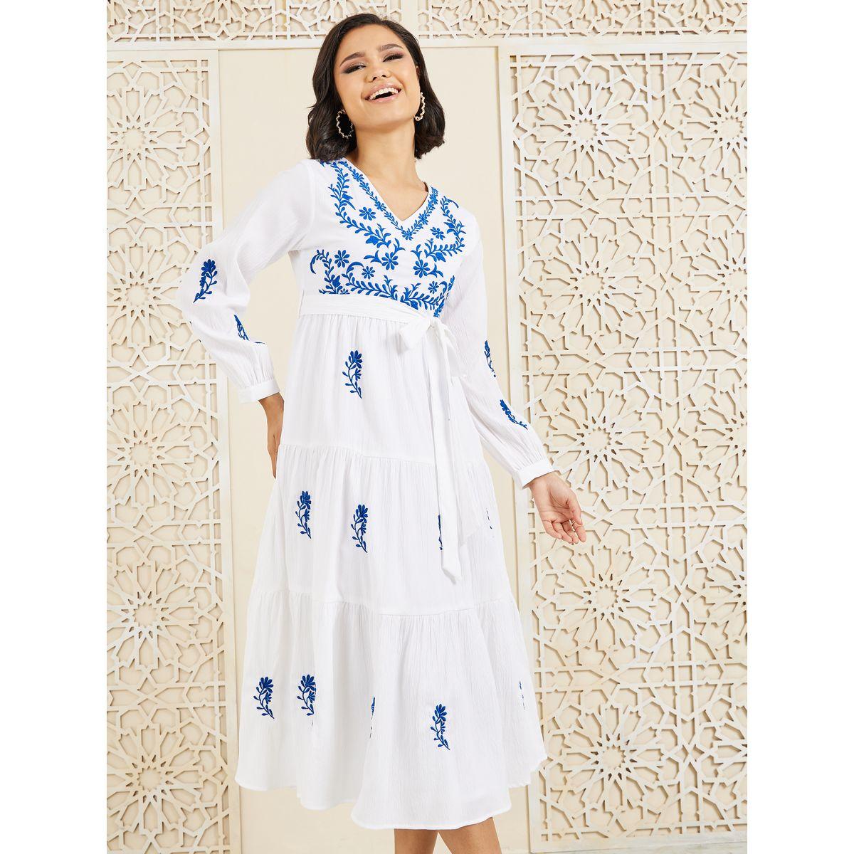 Styli Contrast Embroidered Tiered Midi Dress with Self Tie Up-women-clothing-dresses-image-2