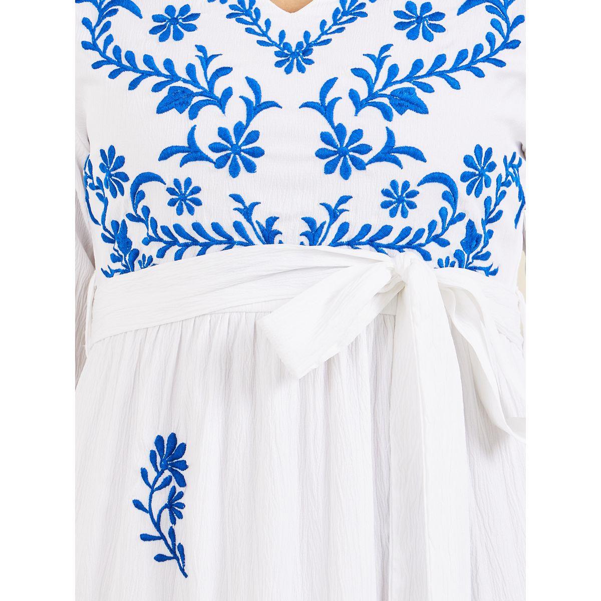 Styli Contrast Embroidered Tiered Midi Dress with Self Tie Up-women-clothing-dresses-image-3