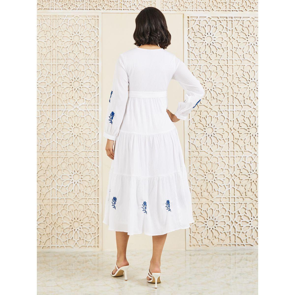 Styli Contrast Embroidered Tiered Midi Dress with Self Tie Up-women-clothing-dresses-image-4