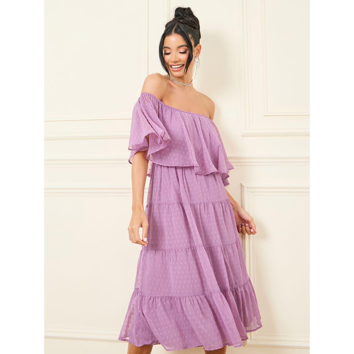 Styli Dobby Off Shoulder Cape Sleeves Tiered Midi Dress-women-clothing-dresses-image-1