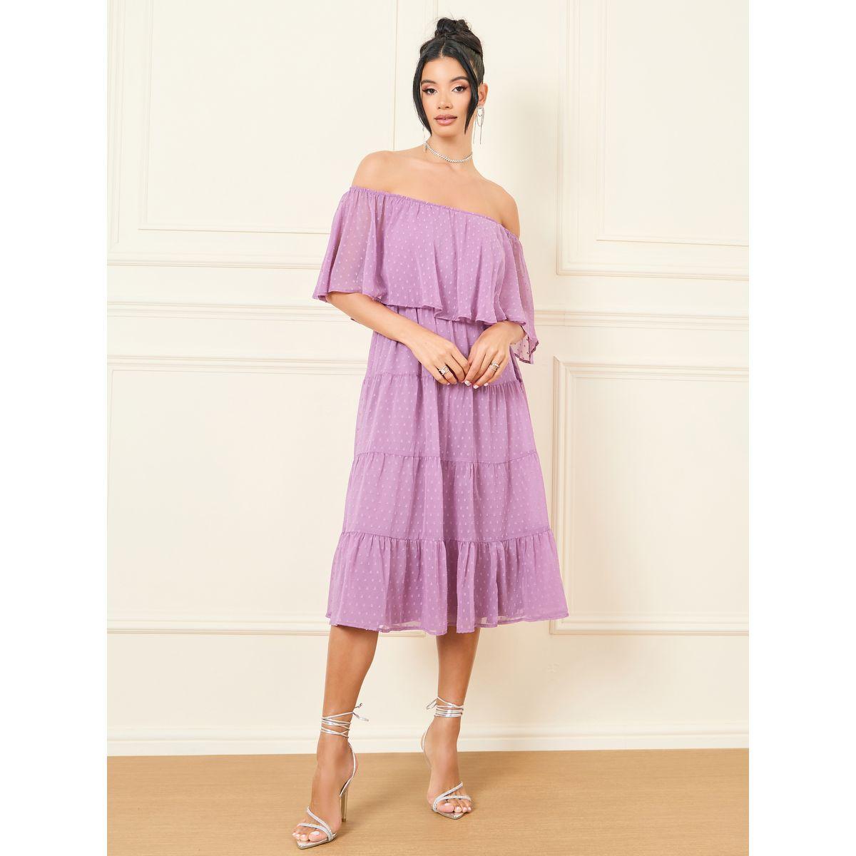 Styli Dobby Off Shoulder Cape Sleeves Tiered Midi Dress-women-clothing-dresses-image-2