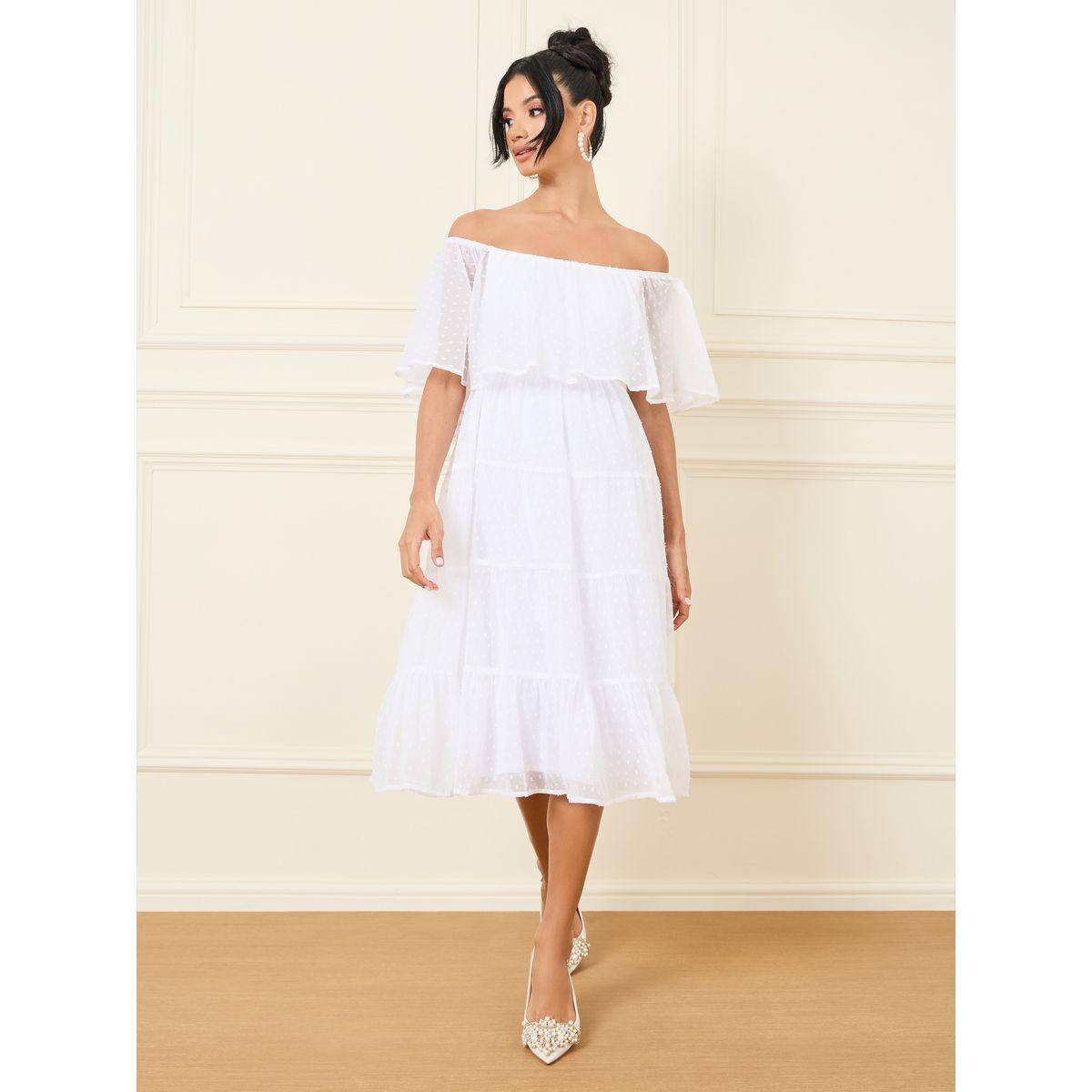 Styli Dobby Off Shoulder Cape Sleeves Tiered Midi Dress-women-clothing-dresses-image-1