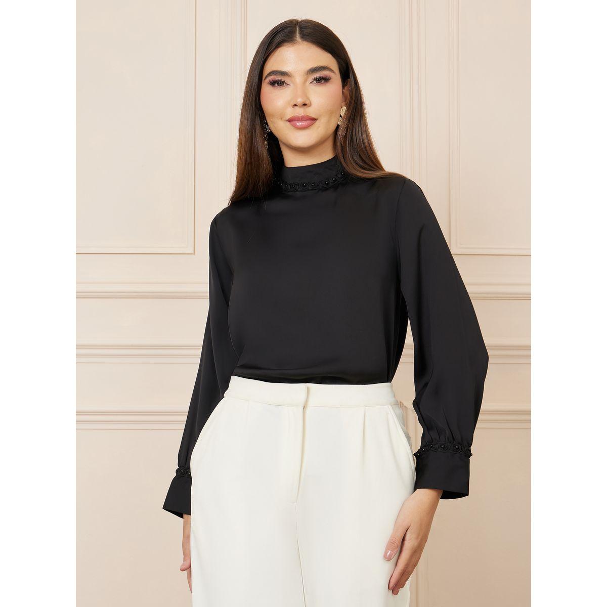 Styli Floral Applique High Neck Regular Fit Blouse-women-clothing-shirtsandblouses-blouses-image-1