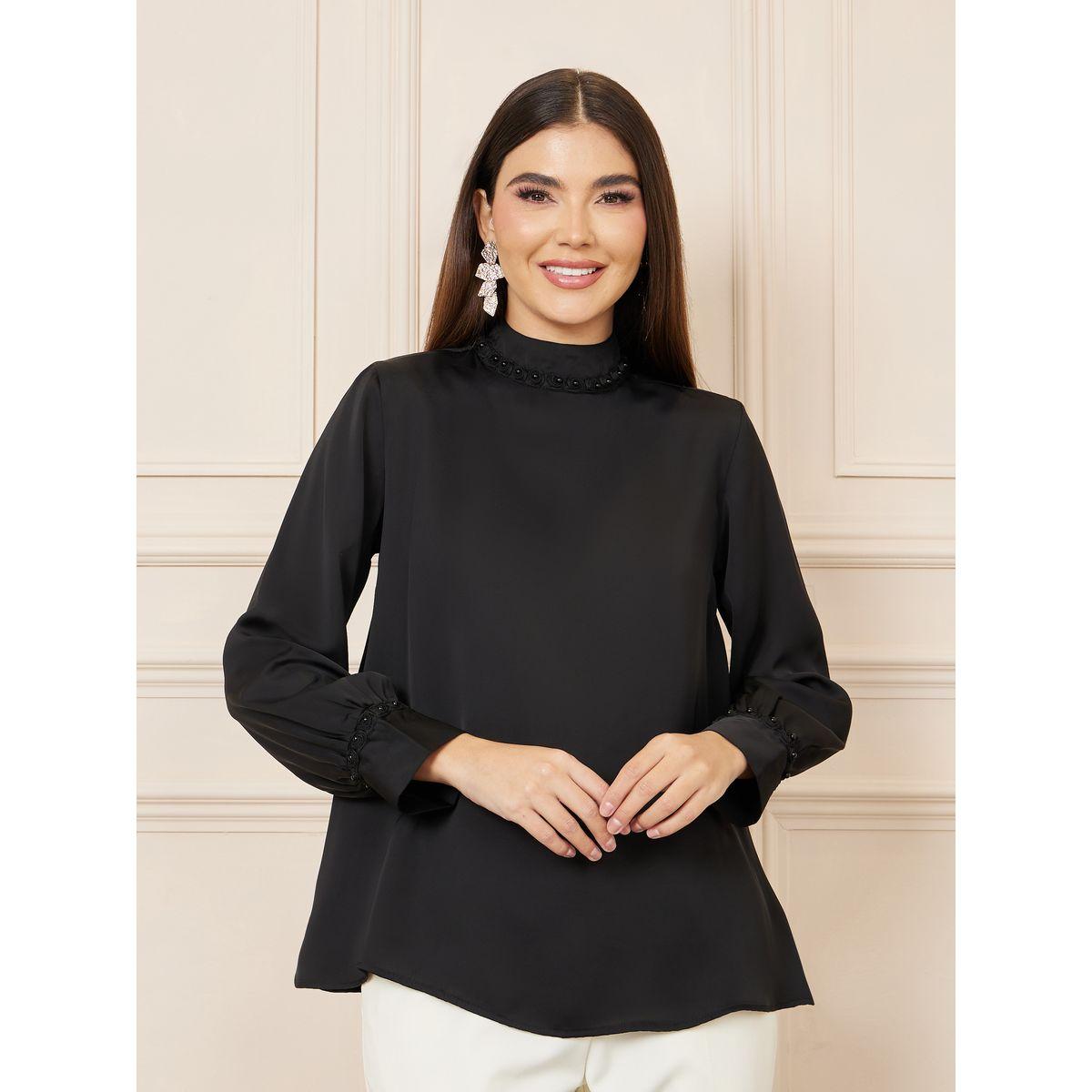 Styli Floral Applique High Neck Regular Fit Blouse-women-clothing-shirtsandblouses-blouses-image-2