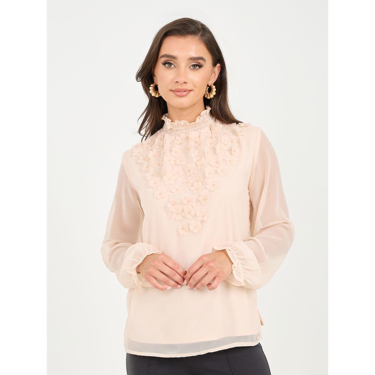 Styli Floral Applique High Neck Regular Fit Blouse-women-clothing-shirtsandblouses-blouses-image-2