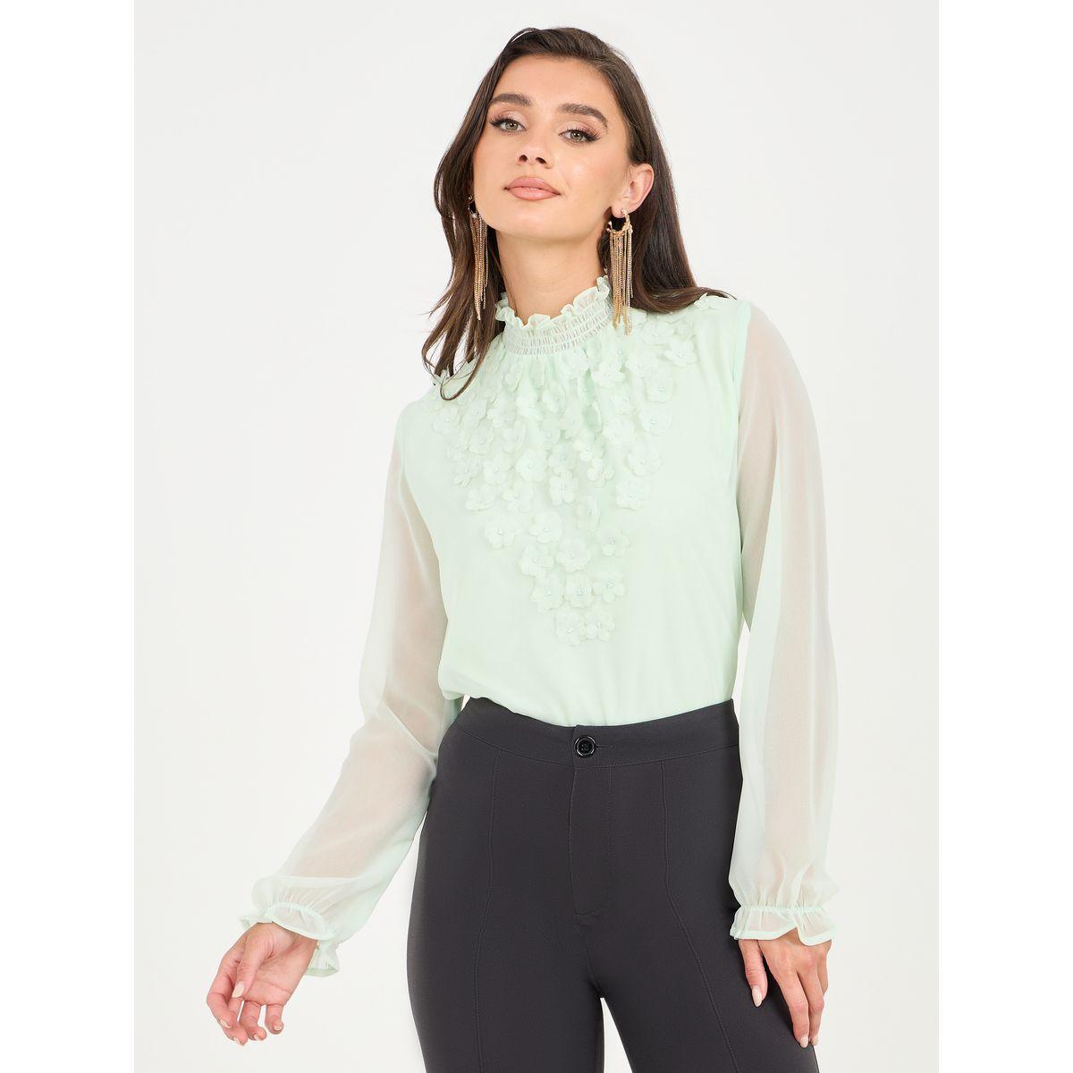 Styli Floral Applique High Neck Regular Fit Blouse-women-clothing-shirtsandblouses-blouses-image-1