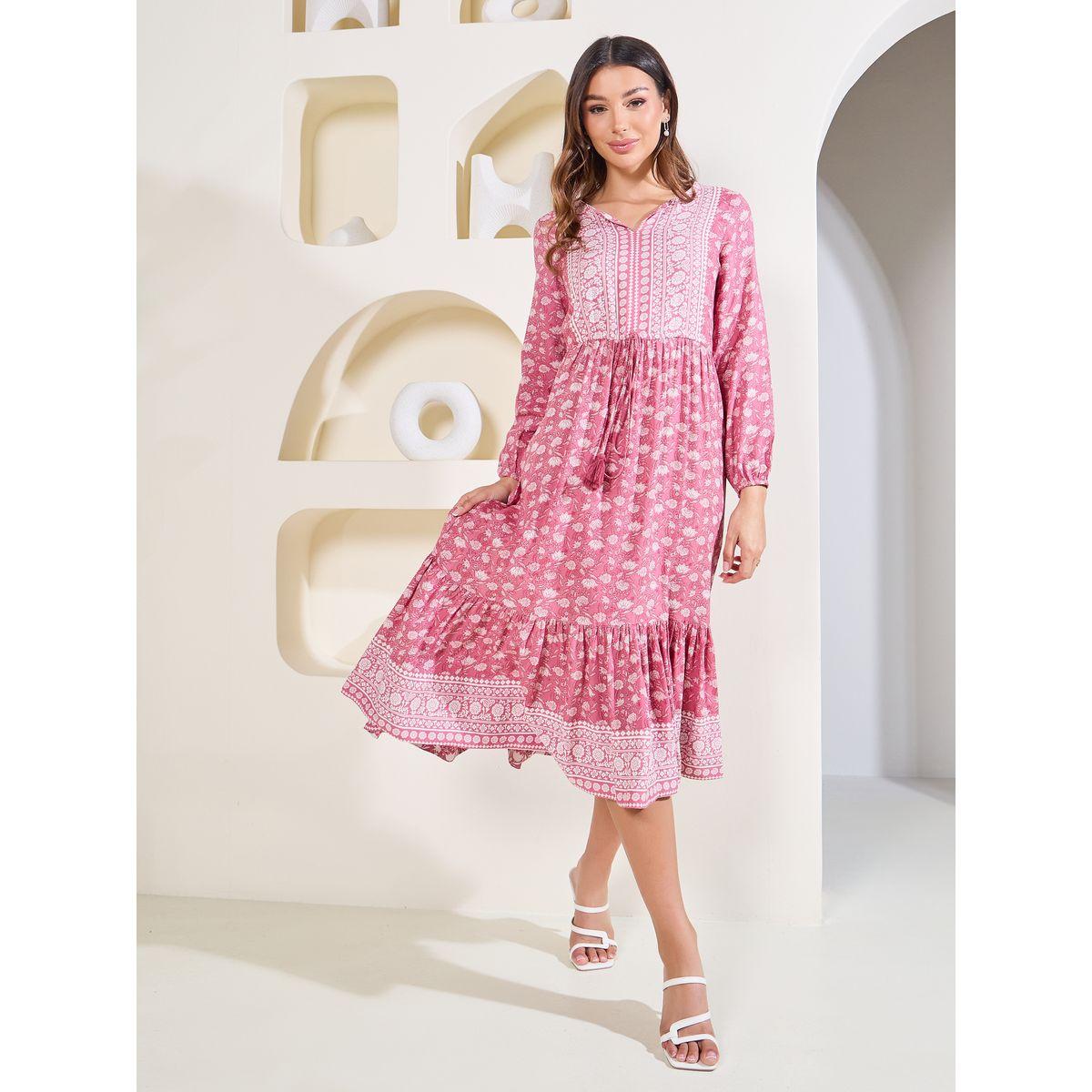 Styli Elevate Floral Print Tie Up Waist Tiered Midi Dress-women-clothing-dresses-image-1