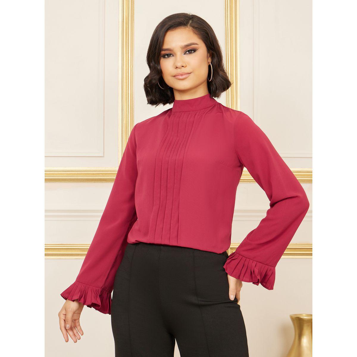 Styli Pleated Trim Detail High Neck Blouse-women-clothing-shirtsandblouses-blouses-image-1