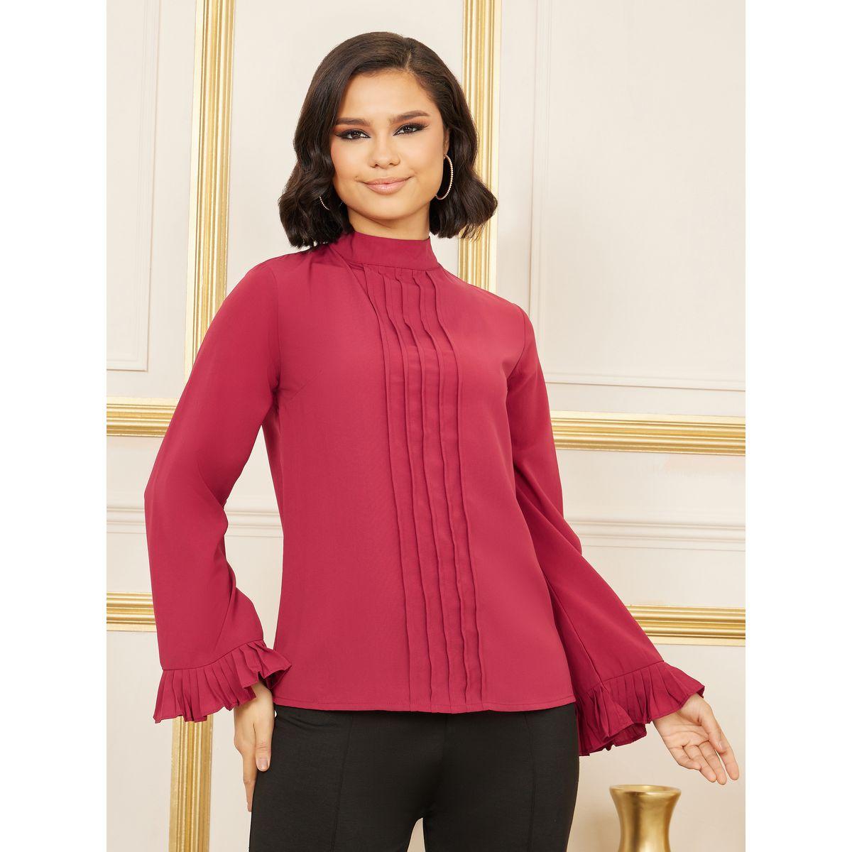 Styli Pleated Trim Detail High Neck Blouse-women-clothing-shirtsandblouses-blouses-image-2
