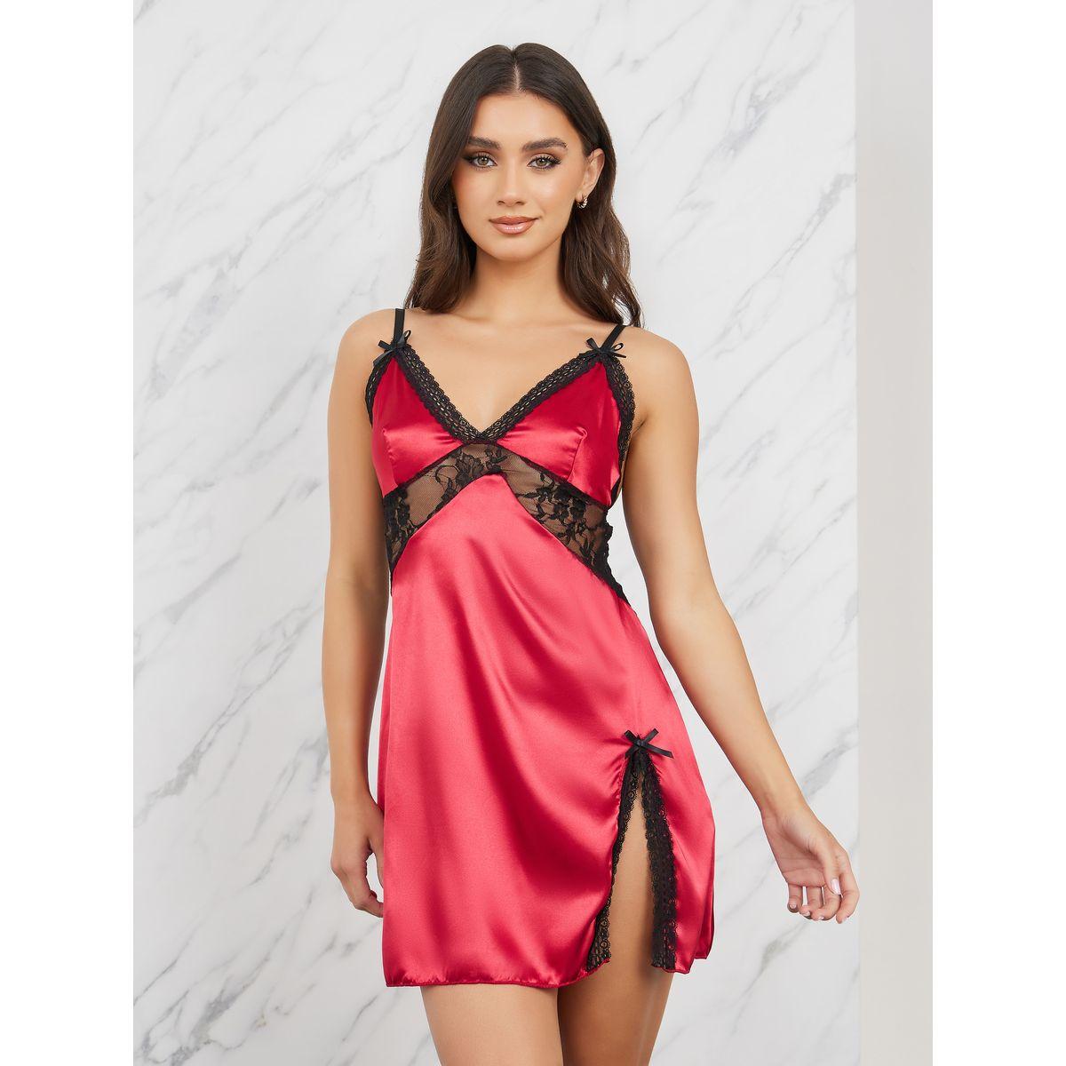 Styli Satin Lace Insert Slip Dress with Side Slit-women-clothing-lingerie-babydollsandbodysuits-image-1