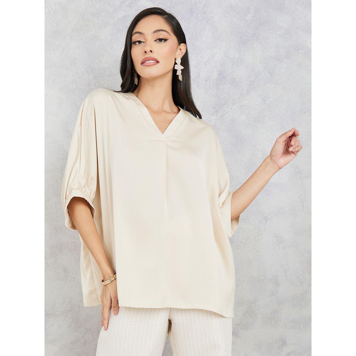 Styli Oversized V Neck Blouse with Half Sleeves-women-clothing-shirtsandblouses-blouses-image-1