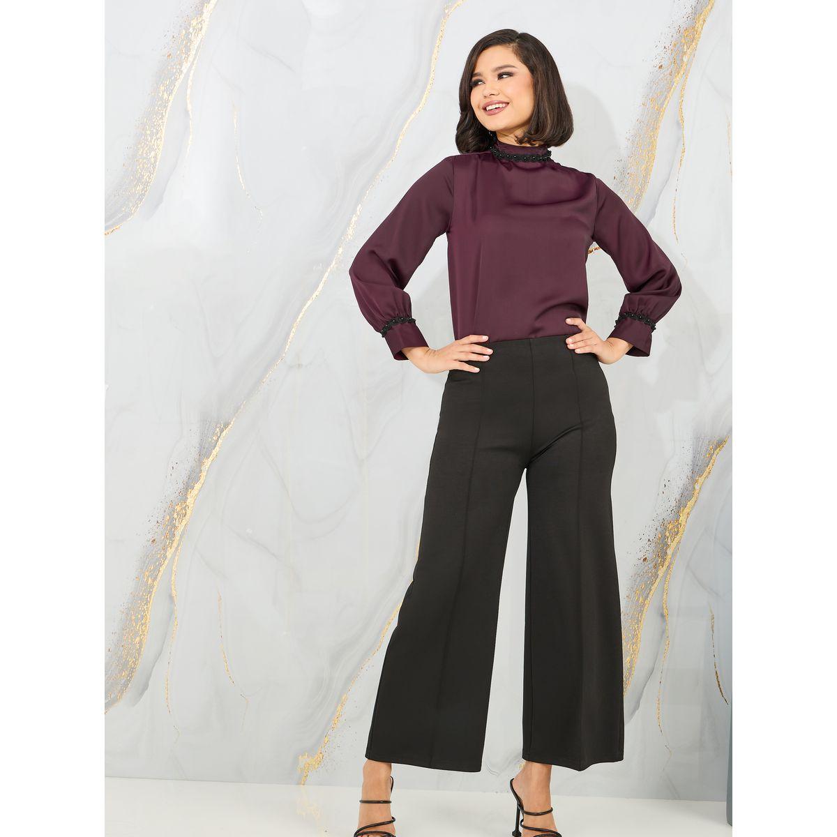 بلوزة ساتان بياقة عالية وتفاصيل دانتيل مع ترتر-women-clothing-shirtsandblouses-blouses-image-3