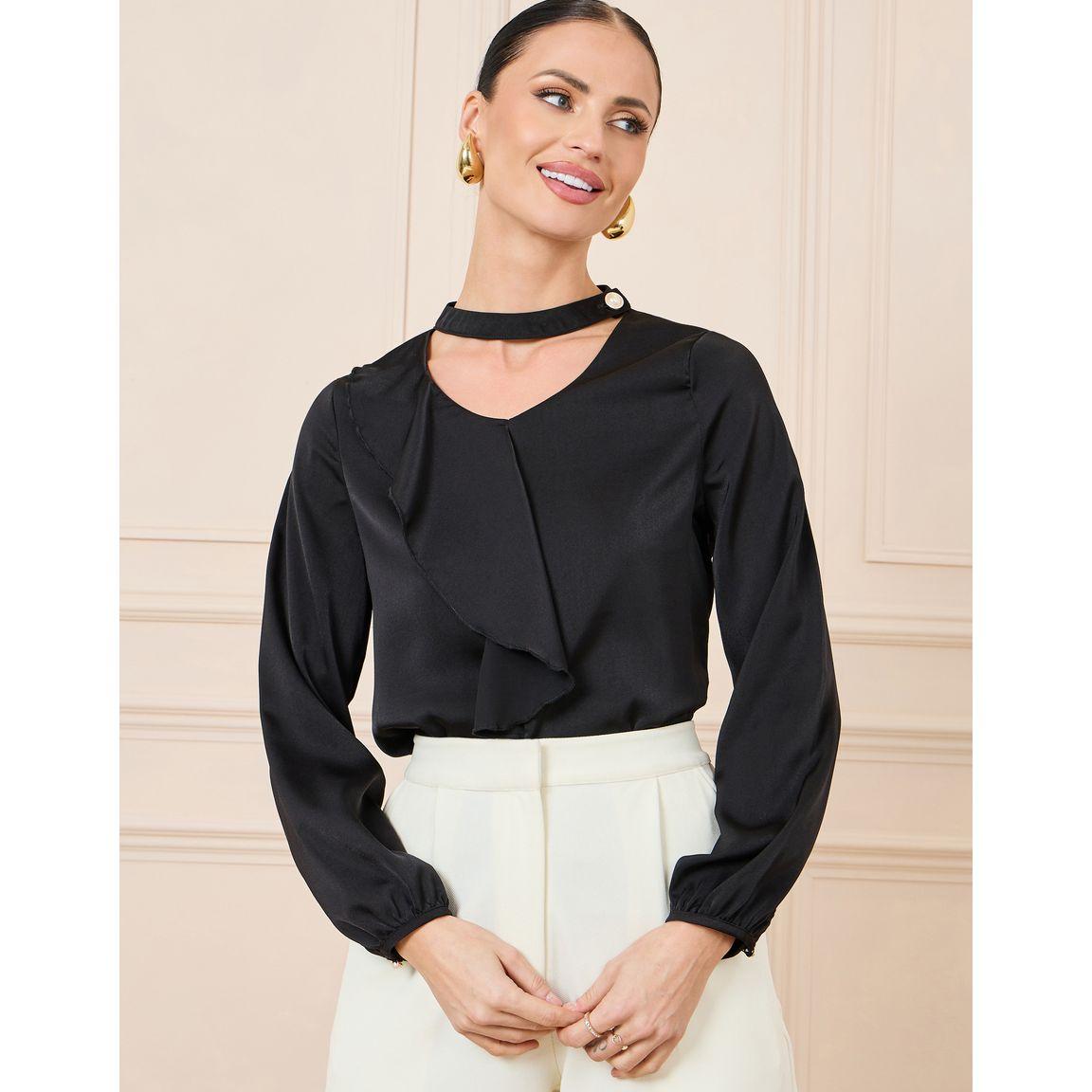 Styli Ruffle Trim Cut Out Neck Faux Pearl Button Detail Blouse-women-clothing-shirtsandblouses-blouses-image-1