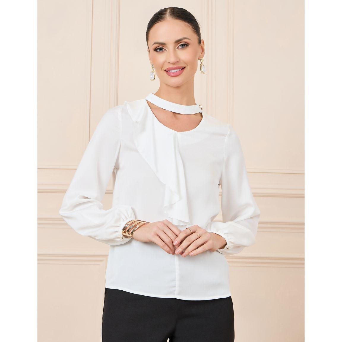 Styli Ruffle Trim Cut Out Neck Blouse with Faux Pearl Button Closure-women-clothing-shirtsandblouses-blouses-image-2