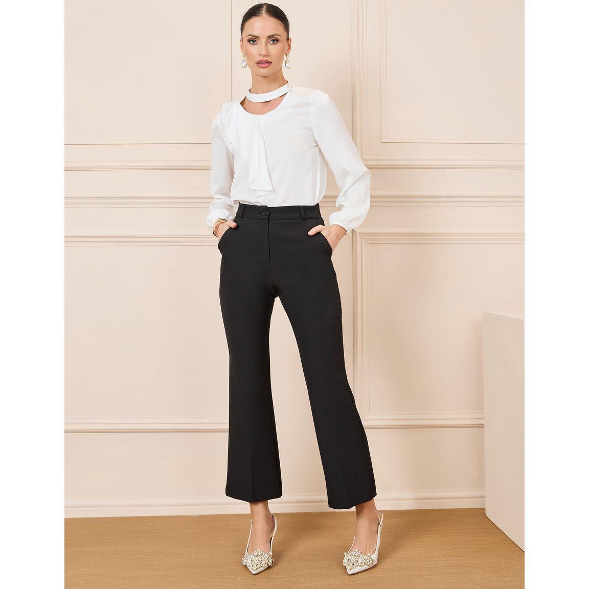 Styli Ruffle Trim Cut Out Neck Blouse with Faux Pearl Button Closure-women-clothing-shirtsandblouses-blouses-image-3