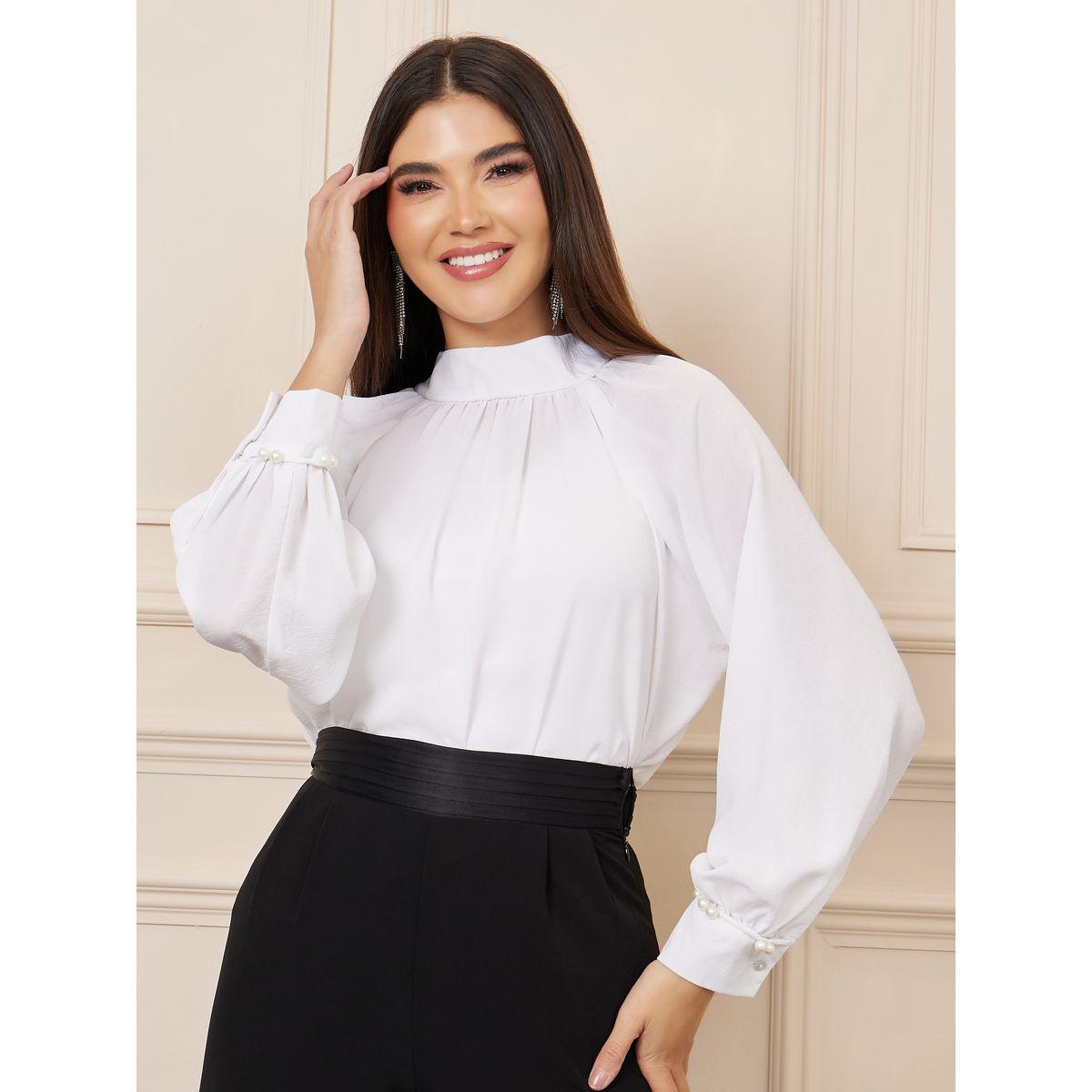 بلوزة سادة مزينة بلؤلؤ مع ياقة عالية-women-clothing-shirtsandblouses-blouses-image-1