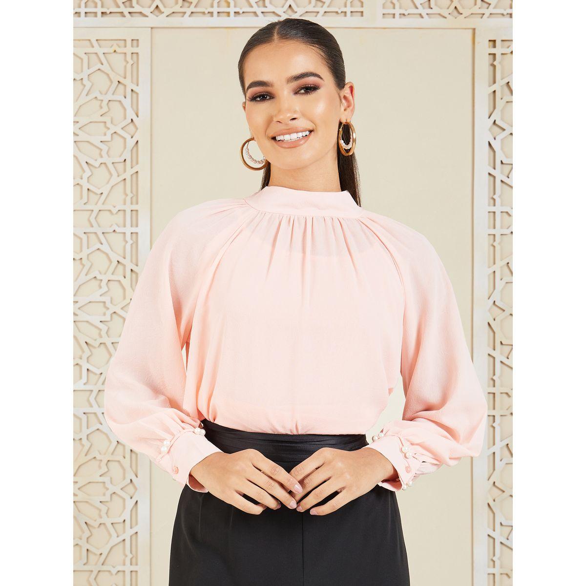 بلوزة ساتان مزينة بلؤلؤ مع ياقة عالية-women-clothing-shirtsandblouses-blouses-image-1