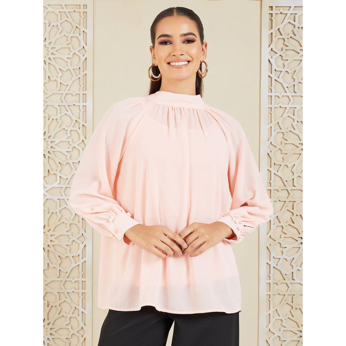 Styli Solid Pearl Detail Tie Up High Neck Blouse-women-clothing-shirtsandblouses-blouses-image-2