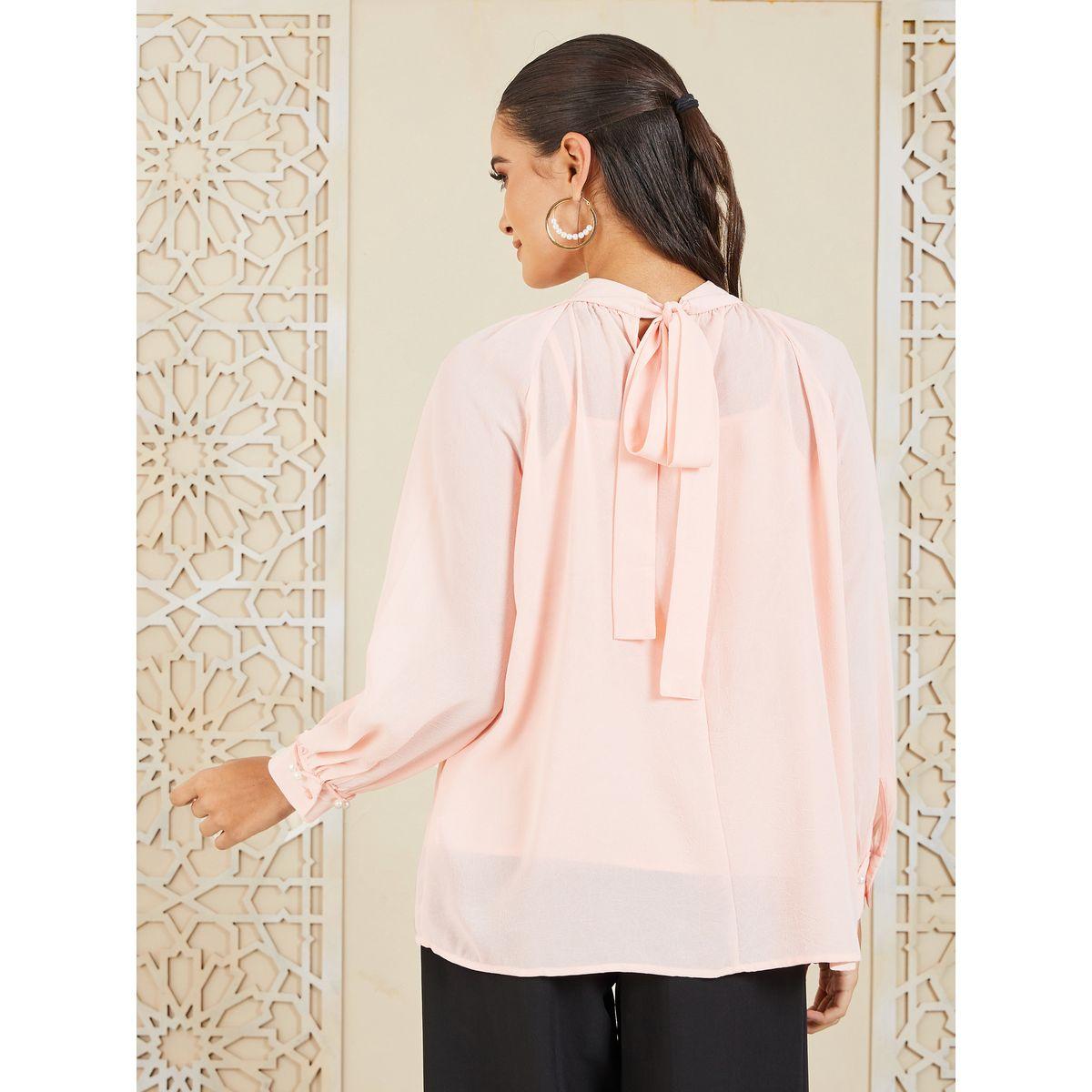 Styli Solid Pearl Detail Tie Up High Neck Blouse-women-clothing-shirtsandblouses-blouses-image-5