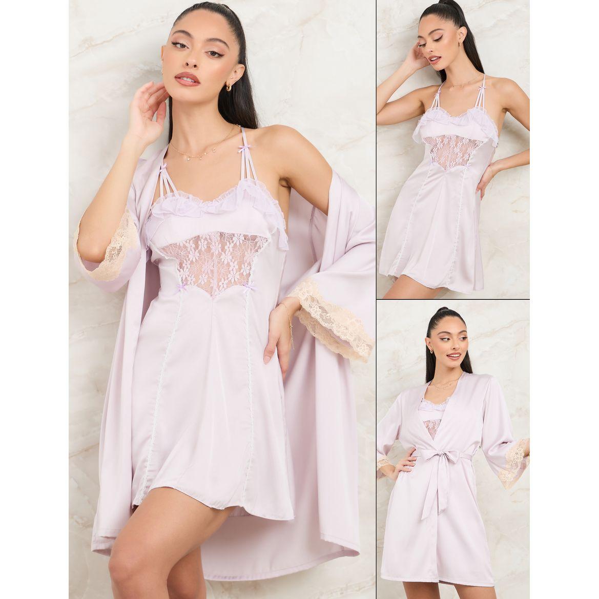 Styli Unwind Pack of 2 - Satin Ruffle Apex Detail Slip Dress & Robe-women-clothing-nightwear-nighties-image-1