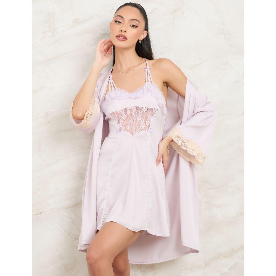Styli Unwind Pack of 2 - Satin Ruffle Apex Detail Slip Dress & Robe-women-clothing-nightwear-nighties-image-2