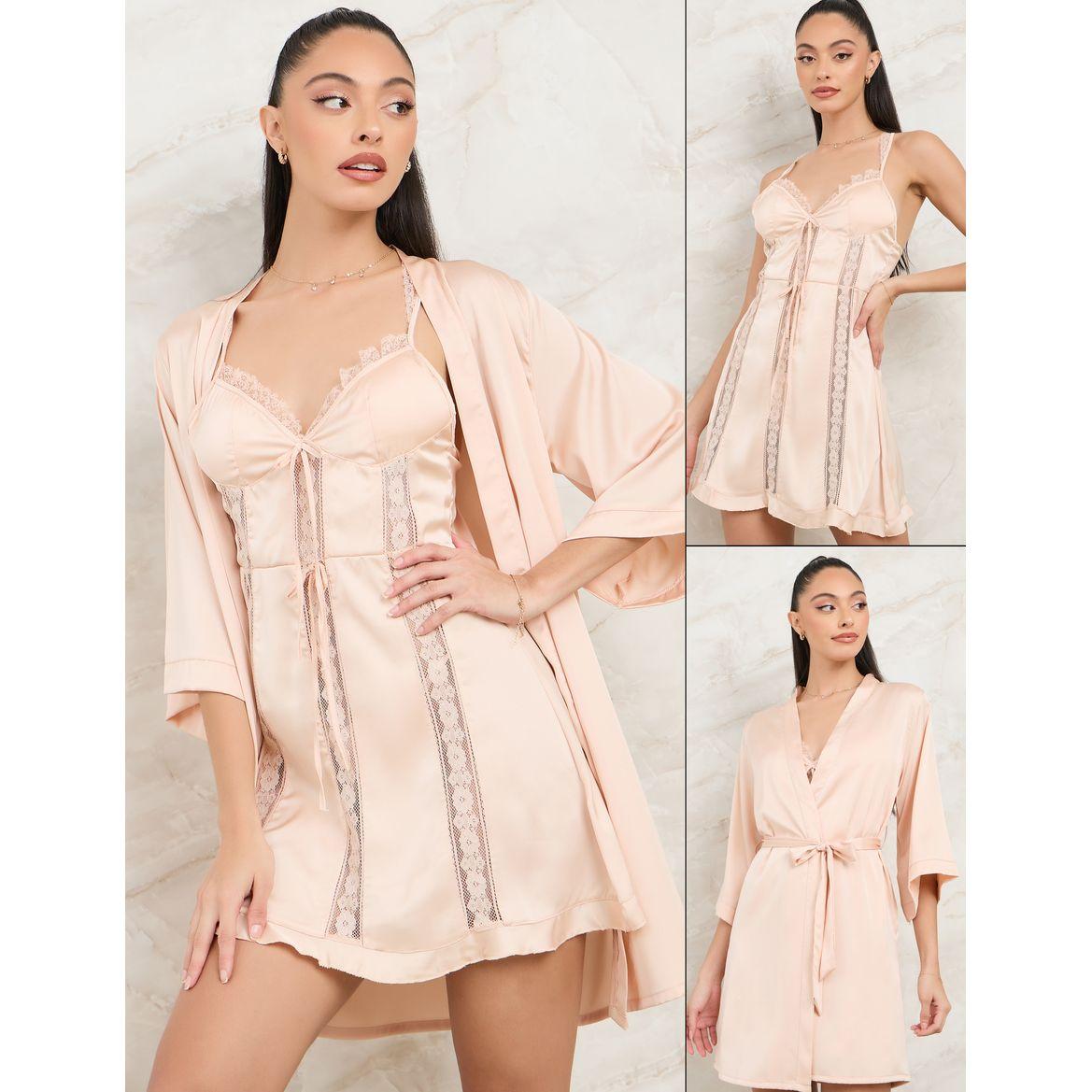 Styli Unwind Pack of 2 - Lace Detail Satin Slipdress & Robe-women-clothing-nightwear-nighties-image-1