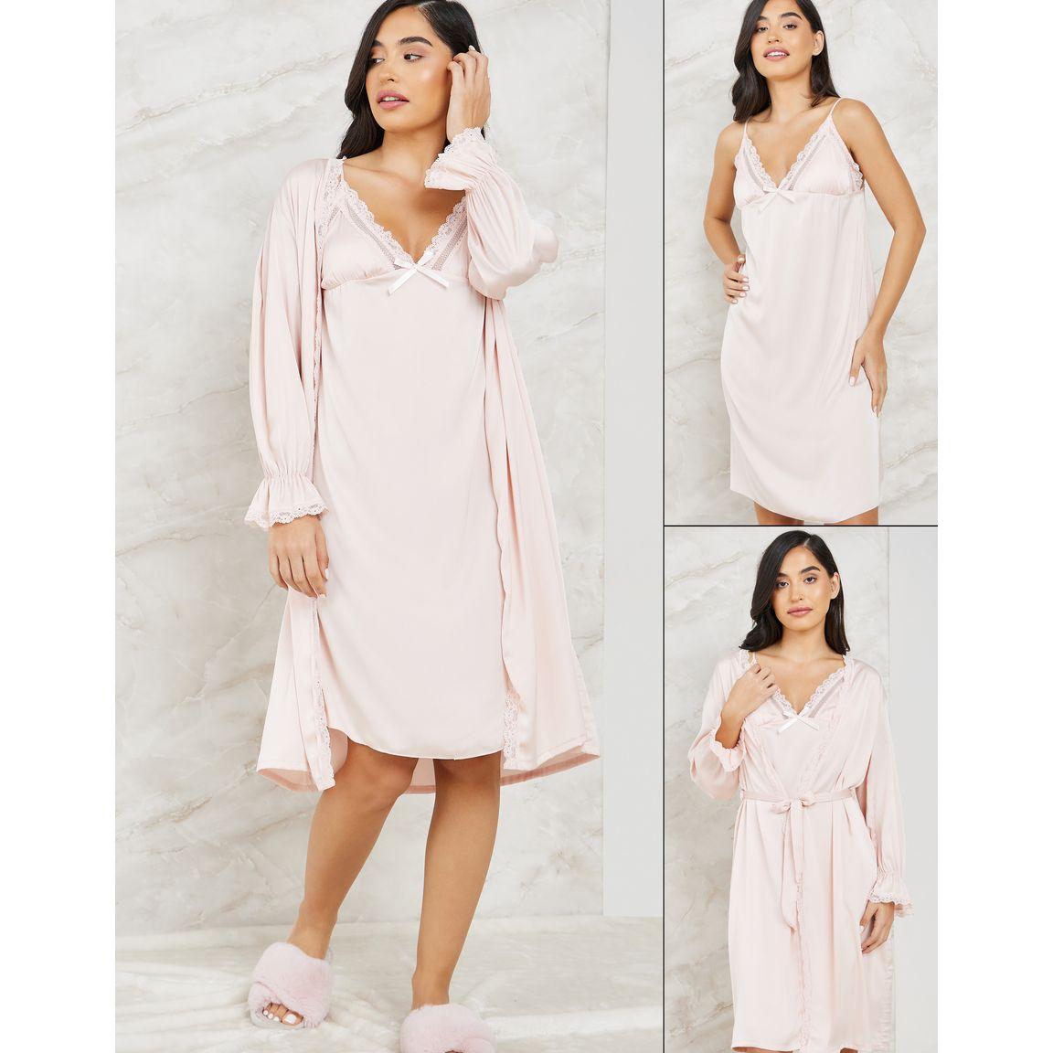 Styli Unwind Pack of 2 - Scallop Edge Satin Slip Dress & Robe-women-clothing-nightwear-robes-image-1
