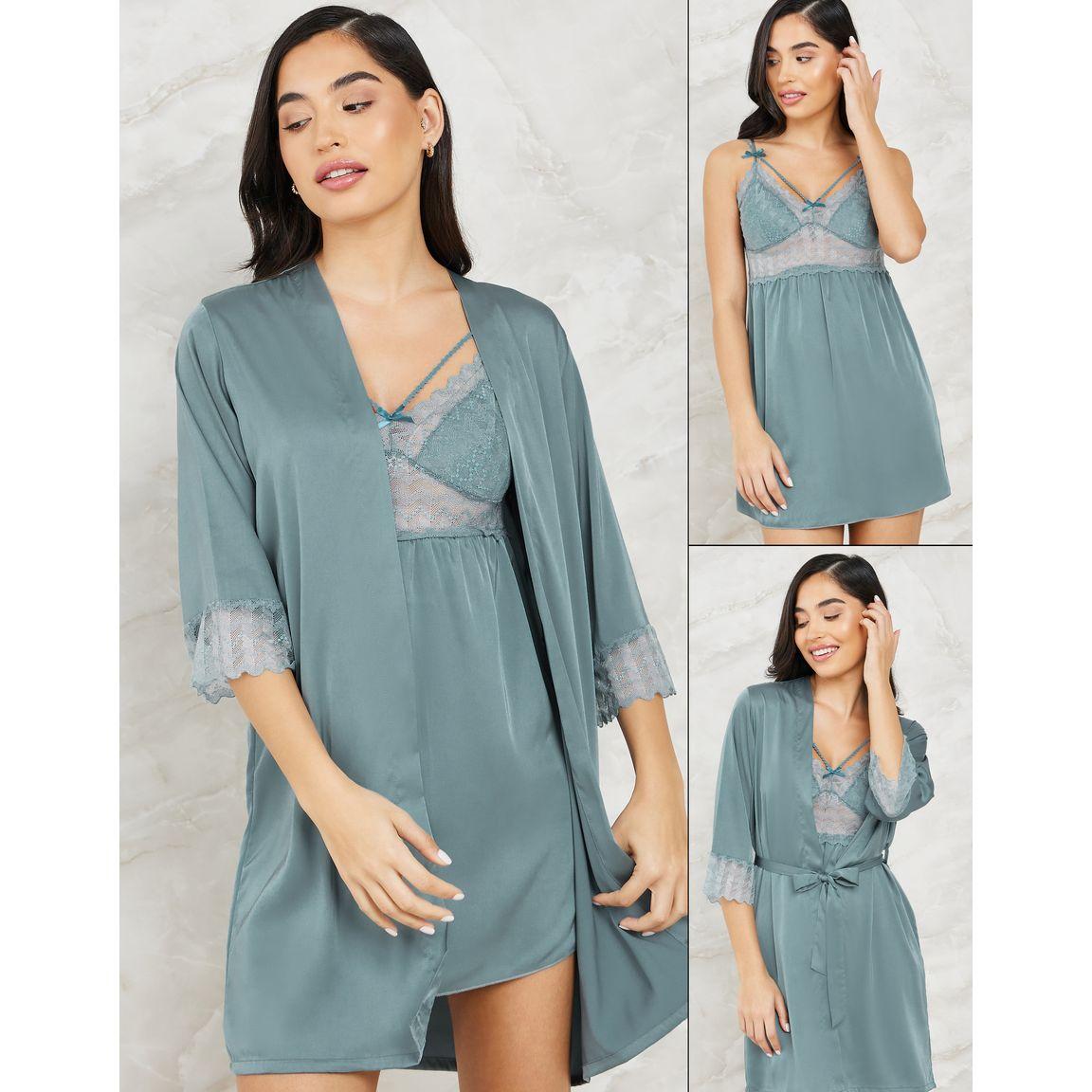 Styli Unwind Pack of 2 - Lace Satin Apex Bow Detail Slip Dress & Robe-women-clothing-nightwear-robes-image-1