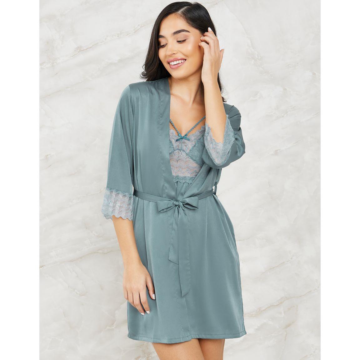 Styli Unwind Pack of 2 - Lace Satin Apex Bow Detail Slip Dress & Robe-women-clothing-nightwear-robes-image-2