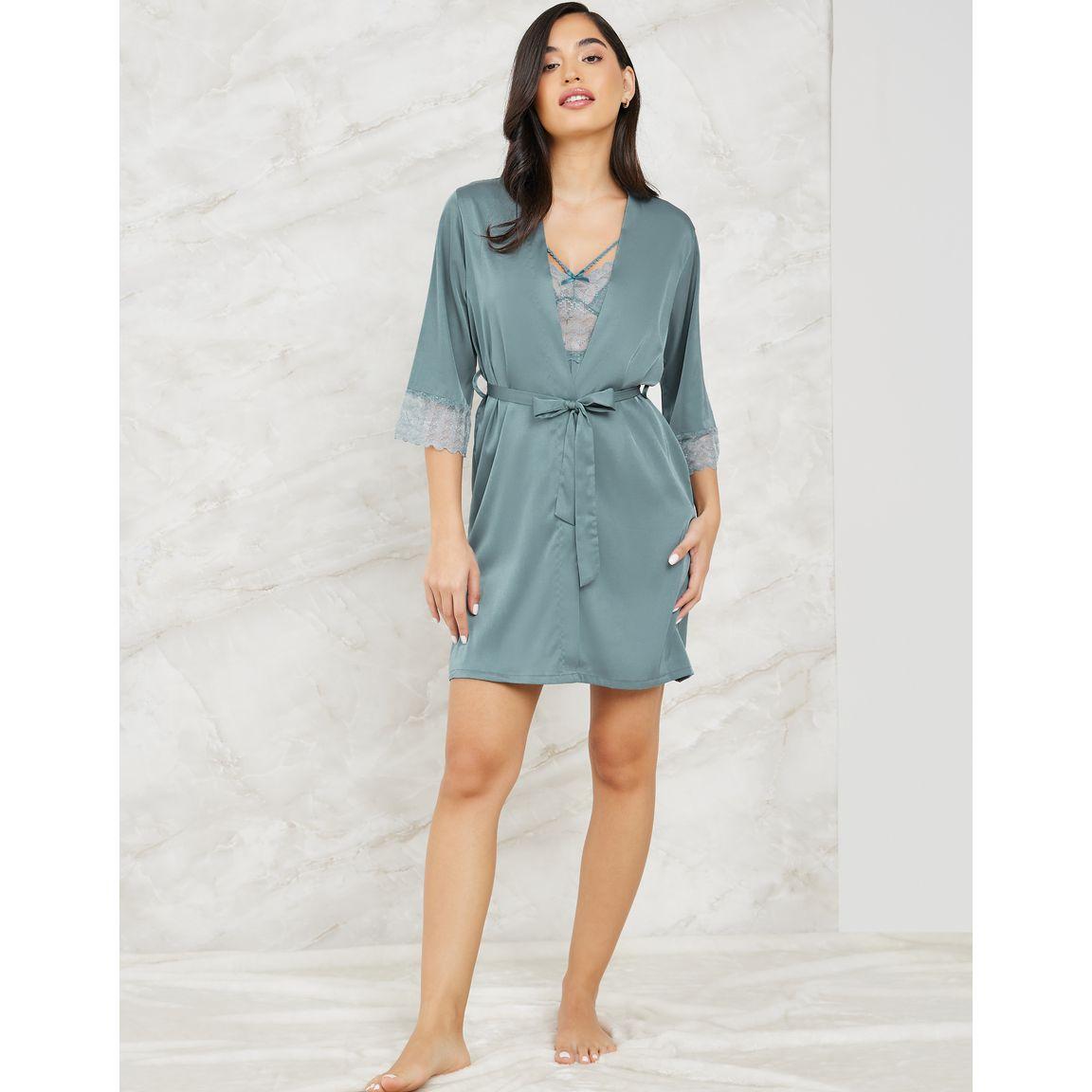 Styli Unwind Pack of 2 - Lace Satin Apex Bow Detail Slip Dress & Robe-women-clothing-nightwear-robes-image-3