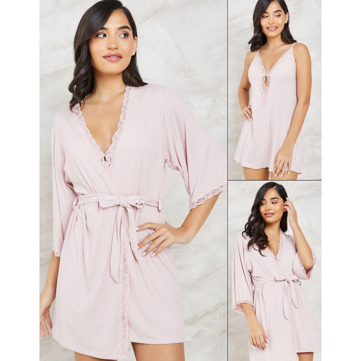 Styli Unwind Pack of 2 - Rib Viscose Lace Trim Slip Dress & Robe-women-clothing-nightwear-robes-image-1