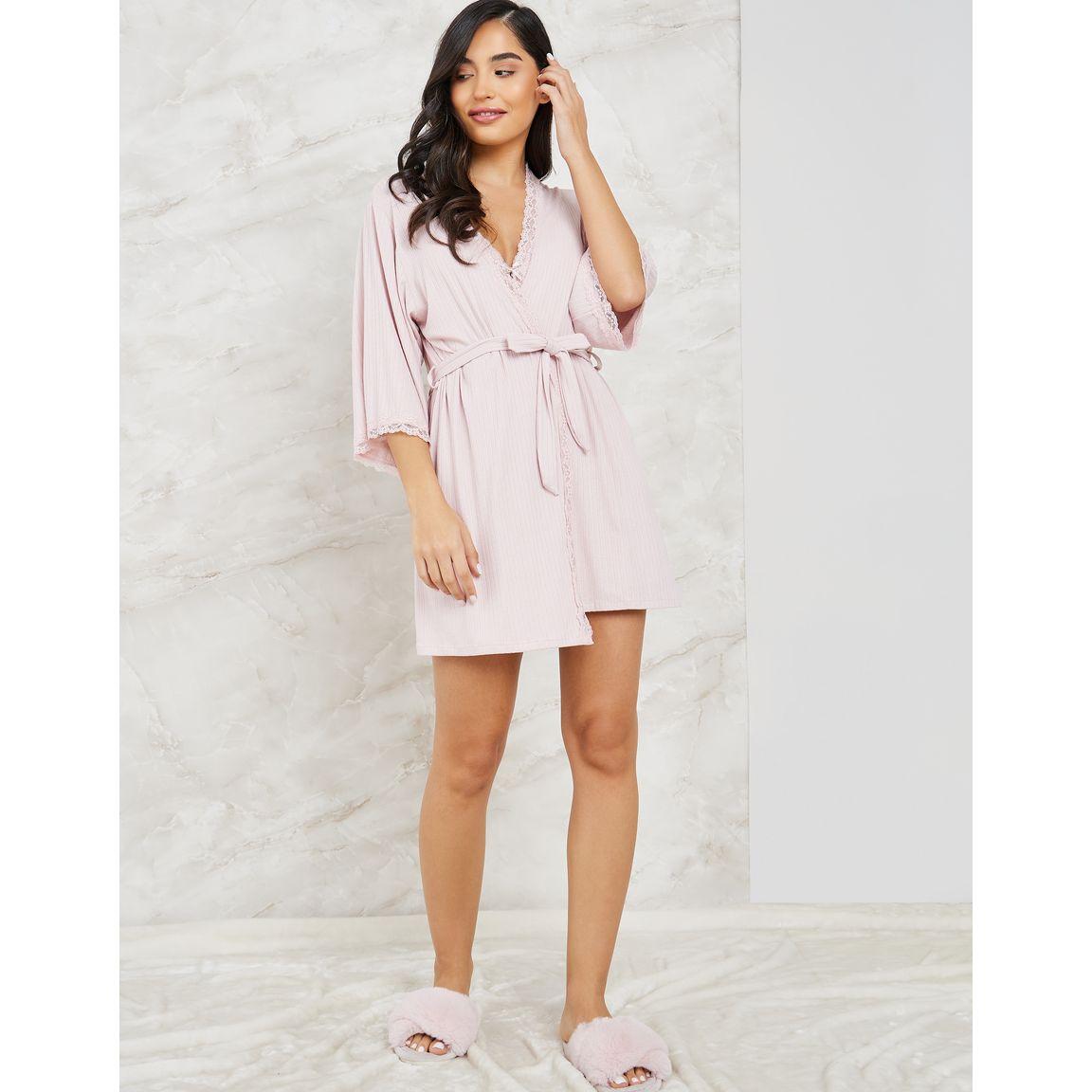 Styli Unwind Pack of 2 - Rib Viscose Lace Trim Slip Dress & Robe-women-clothing-nightwear-robes-image-2