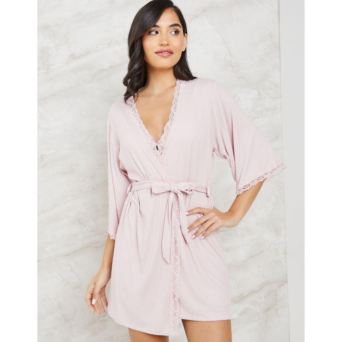 Styli Unwind Pack of 2 - Rib Viscose Lace Trim Slip Dress & Robe-women-clothing-nightwear-robes-image-3