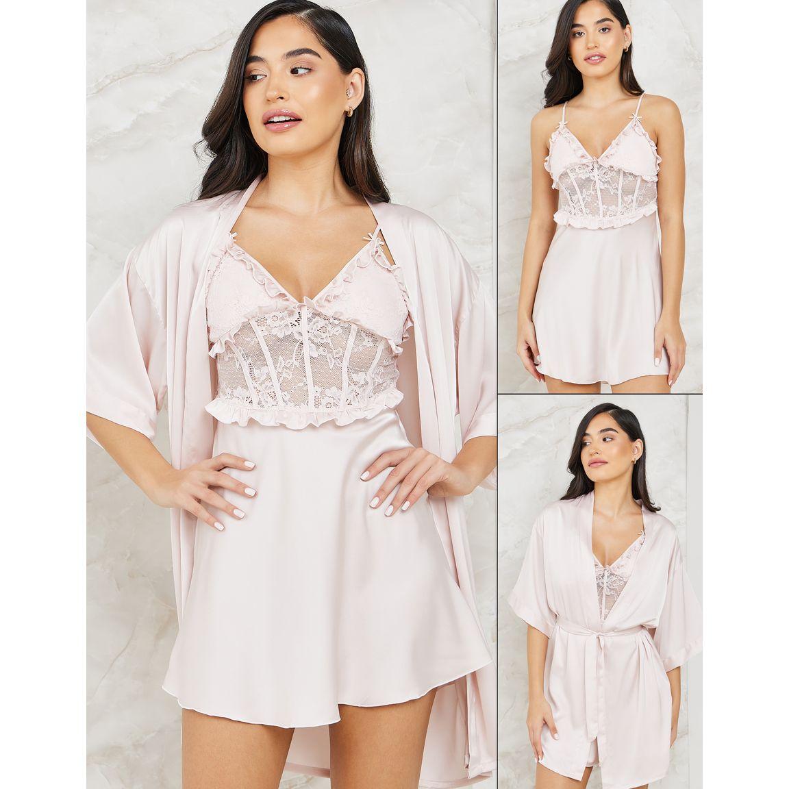 Styli Unwind Pack of 2 - Corset Style Lace & Ruffle Satin Slip Dress & Robe-women-clothing-nightwear-robes-image-1