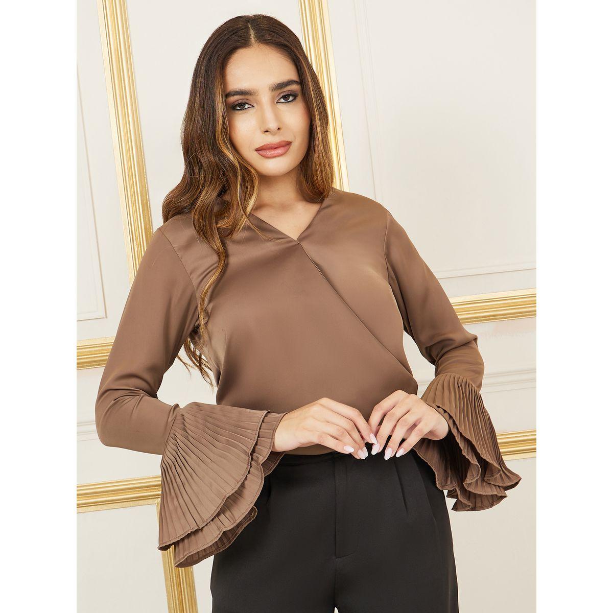 بلوزة ساتان بنمط لف واكمام فلوت-women-clothing-shirtsandblouses-blouses-image-1