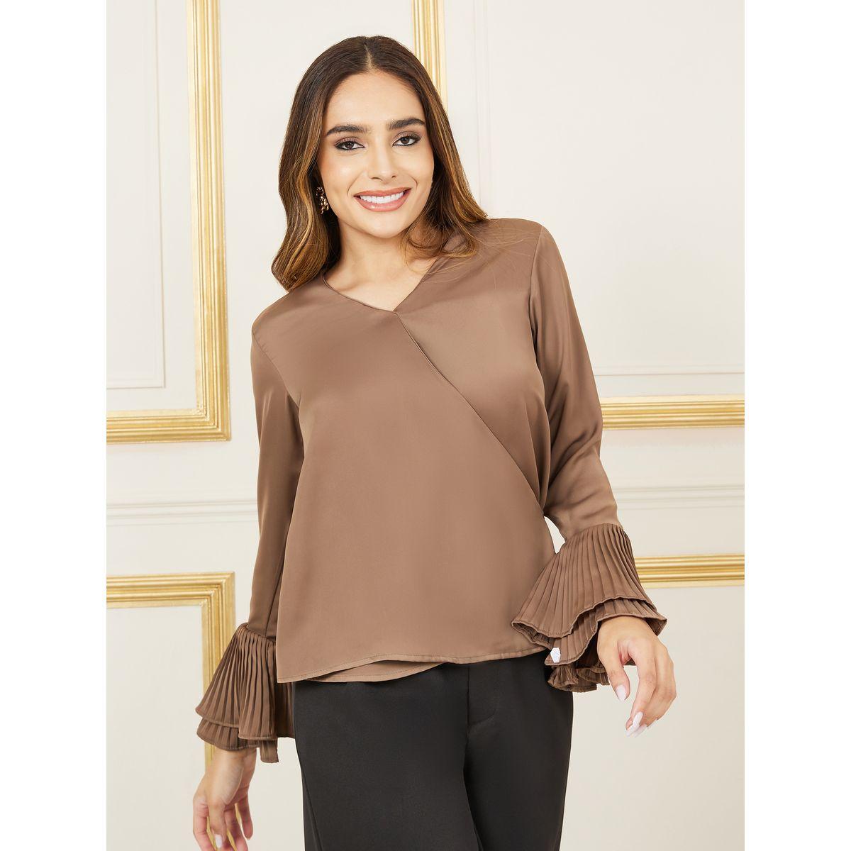 Styli Satin Pleated Flute Sleeves Wrap Top-women-clothing-shirtsandblouses-blouses-image-3