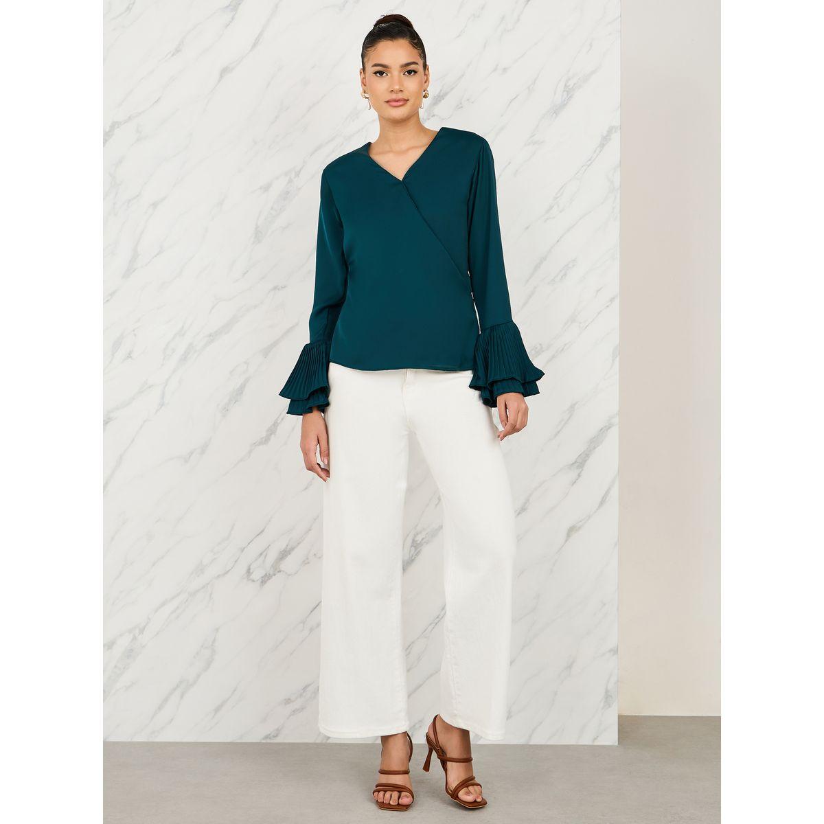 بلوزة ساتان بنمط لف وكسرات مع اكمام فلوت-women-clothing-shirtsandblouses-blouses-image-2