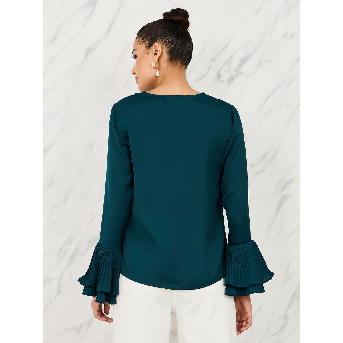 Styli Satin Pleated Flute Sleeves Wrap Top-women-clothing-shirtsandblouses-blouses-image-4