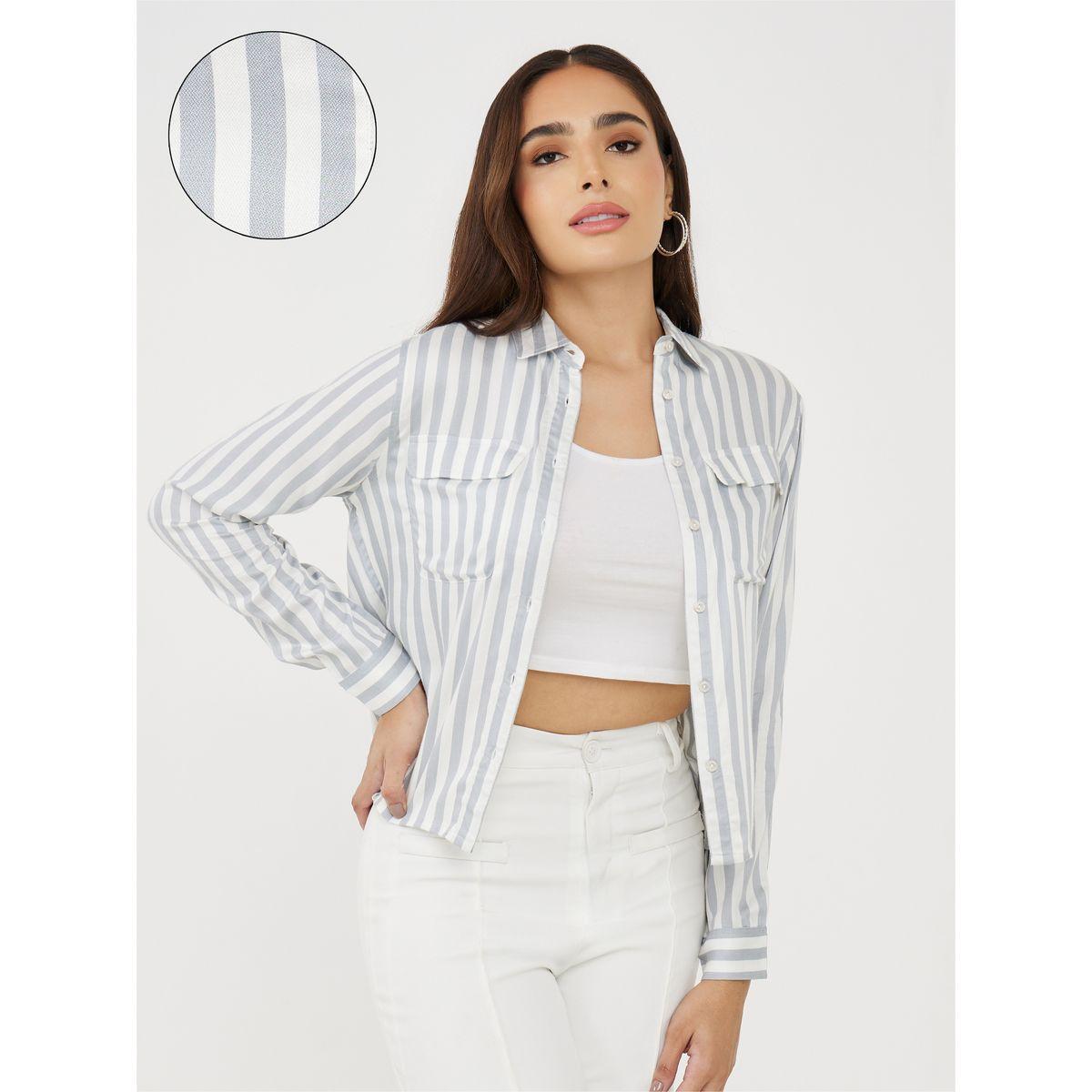 بلوزة قصيرة مخططة مع جيوب بطيات-women-clothing-shirtsandblouses-shirts-image-1