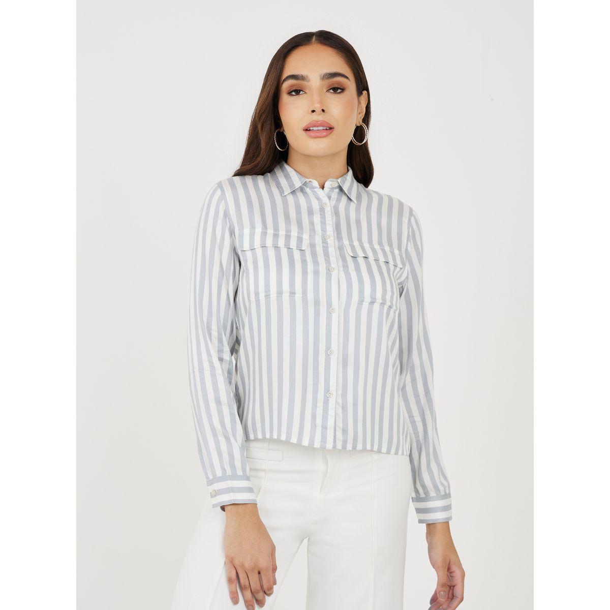 بلوزة قصيرة مخططة مع جيوب بطيات-women-clothing-shirtsandblouses-shirts-image-2