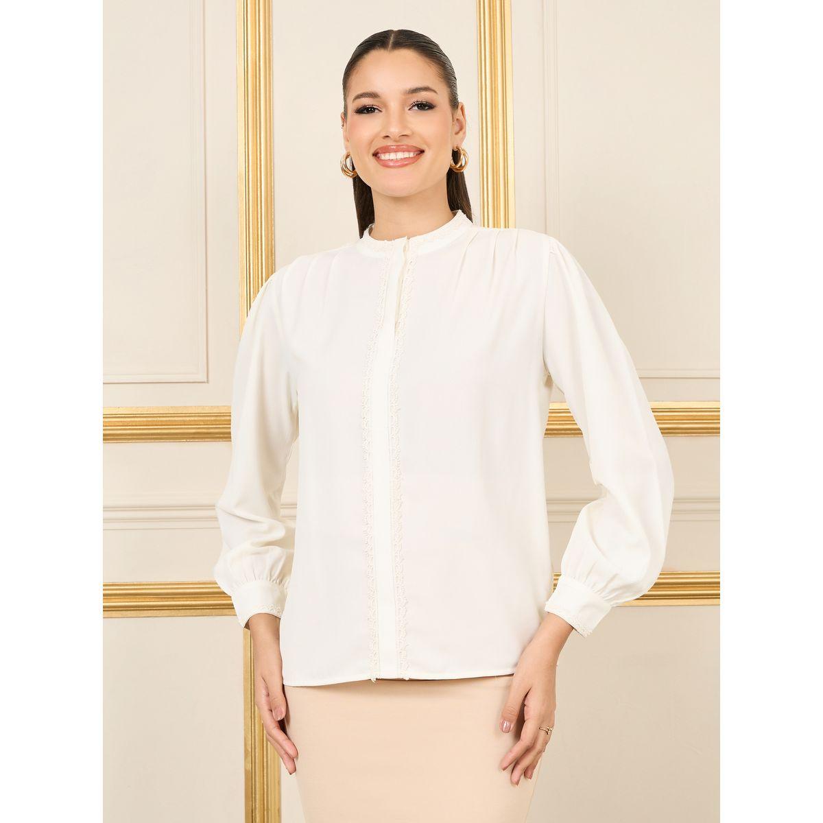 Styli Lace Trim Pleated Detail High Neck Blouse-women-clothing-shirtsandblouses-blouses-image-2